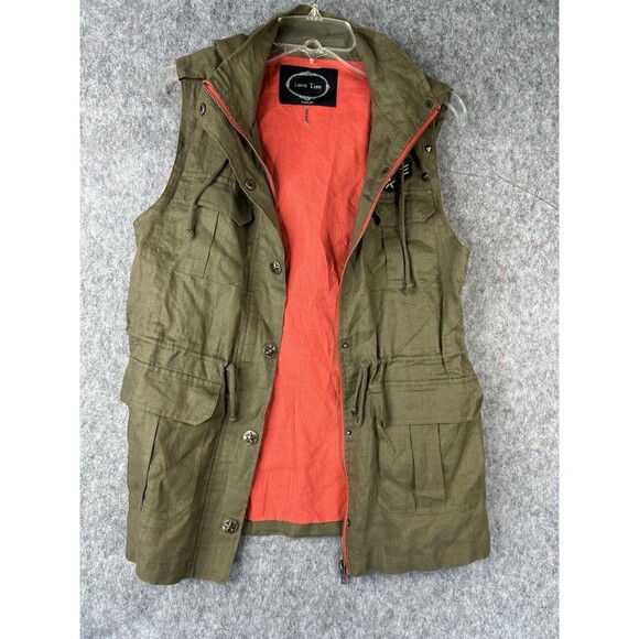 LOVE TREE Olive Green Linen Sleeveless Cinched Waist Military Hooded Vest Sz M - Picture 4 of 9